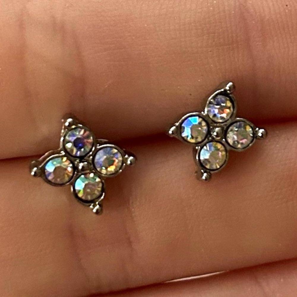 Silver Tone Multicolor Crystal Rhinestone Flower Cluster Stud Butterfly Earrings